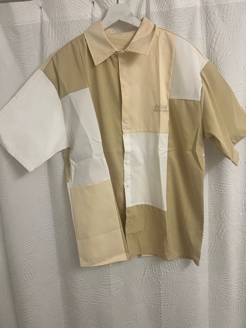 Men's Colorblock Short-Sleeve Button-Down Shirt in Beige & White